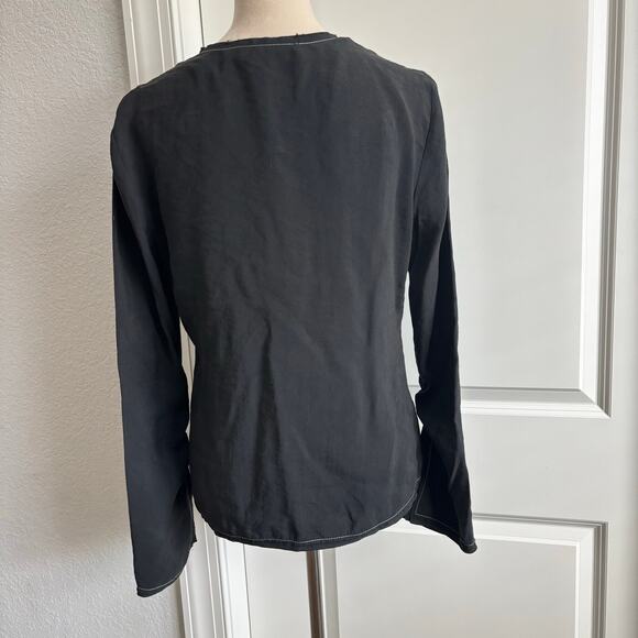 Zara Black Tie-Front Blouse Top Contrast White Stitching Bell Sleeve Y2K Small - Picture 6 of 12